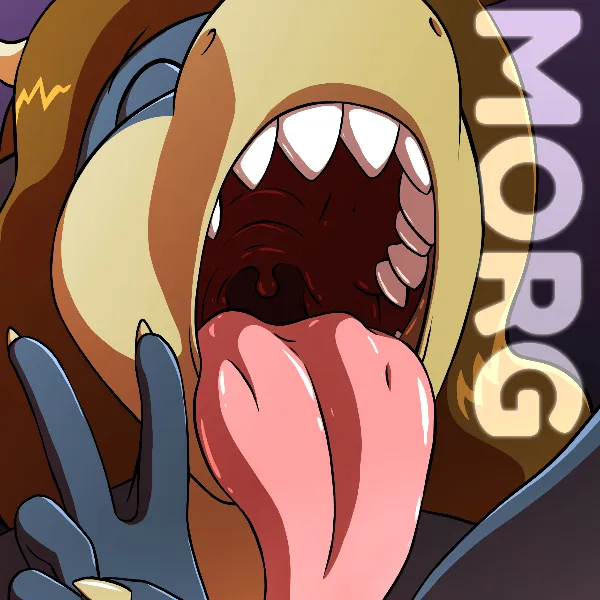 Its a selfie style image of Morg with their mouth open and their tongue hanging out. they are making a peace sign and the text around the edge reads 'Feeding Morg'