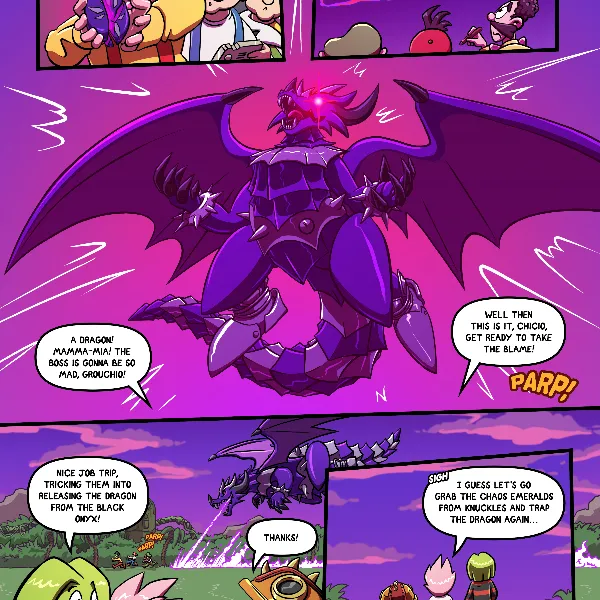 The Marxios break open the black onyx, releasing a great and terrible dragon, which chases them into the sunset. Trip, Amy and Tekno saunter off, planning on how to trap the dragon again.