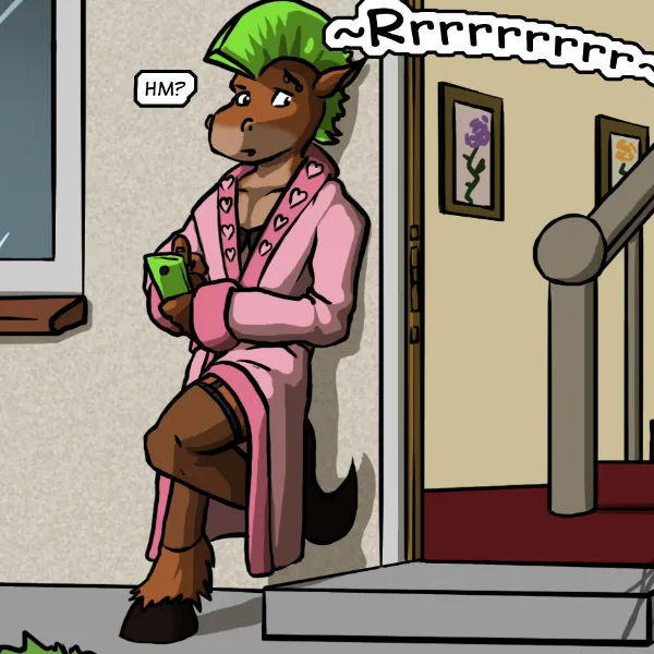 Outside, Robyn leans against the wall, on her phone, when she hears a strange rumbling approaching.