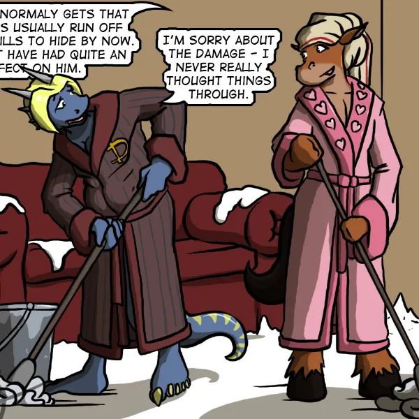 Back inside, Claire and Robyn are both wearing dressing gowns, cleaning up all the mess and cum with mops.
