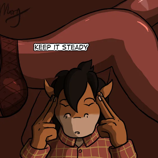 Closeup of Duncan with his fingers on his temples, trying to regain his composure, while sexy images of Claire play out behind him.