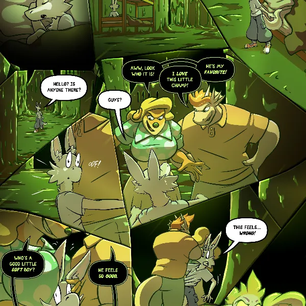 Shai awakens in his bunk, but within a strange world made entirely of goo and slime. He wanders, calling out for anyone, and bumps suddenly into Jess and Jonah. They are both acting strangely, and sexually aggressively towards him. He breaks away from their embrace and runs, and Jess and Jonahs heads snap around to snarl, hungrily at him.