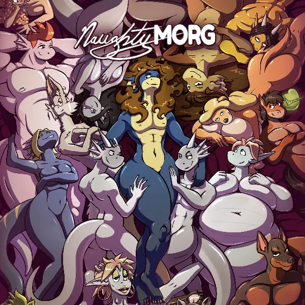 A massive group picture looking down on of all of Morgs characters lying in a big, comfy pile. Morg is in the centre, looking confident and everyone is tastefully nude. The title 'NaughtyMorg' is emblazened along the top third of the image.