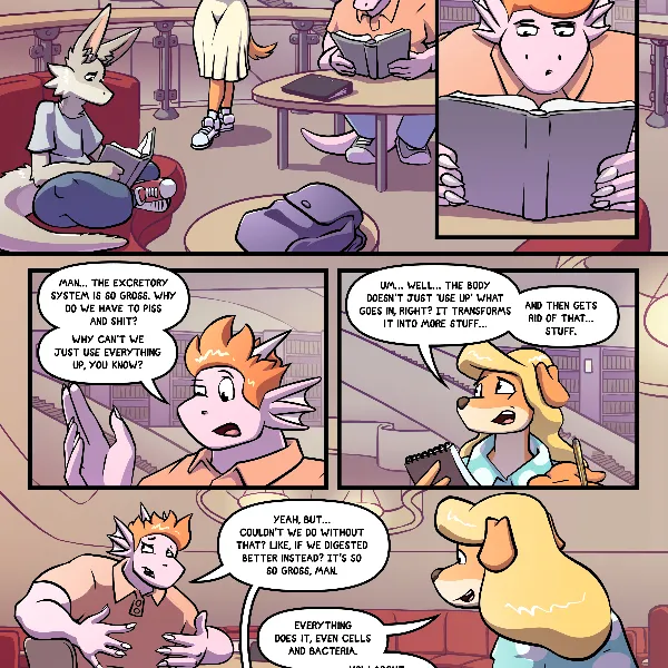 Jess, Jonah and Shai sit in the library. Shai is reading quietly and Jonah is having trouble understanding the excretionary cycle. Jess begins to explain.