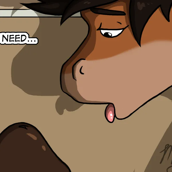A close-up as Duncan leans towards the head of his hyper cock, his tongue lolling from his mouth.