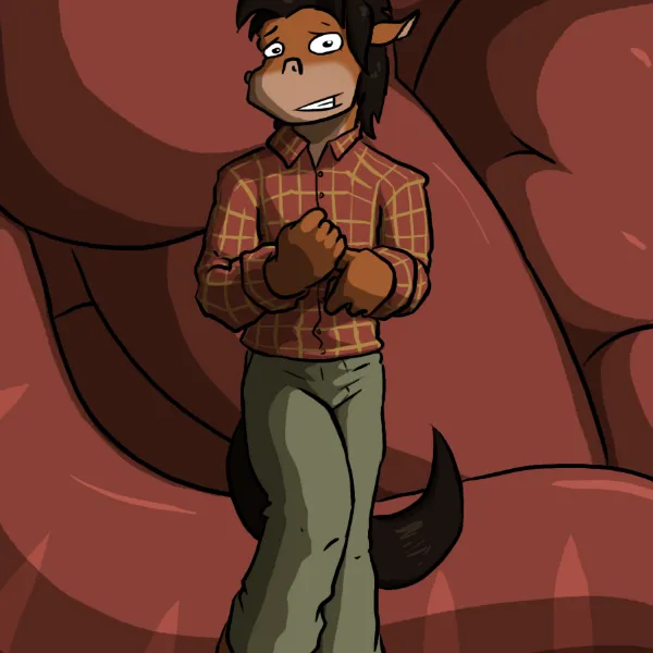 Duncan looks a little unhinged, standing while rubbing his thighs together - he is superimposed over an image of his raunchy thoughts about Claire.