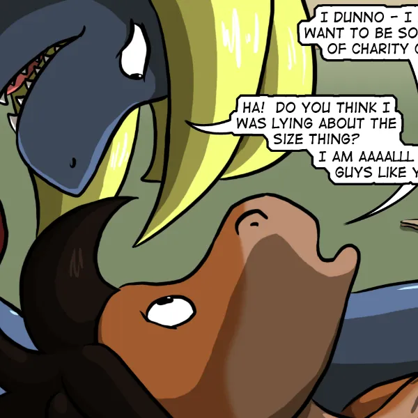 Claire looms over Duncan, sharp teeth showing her sexual appetite. Duncan seems a little more into it this time.