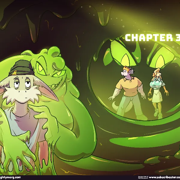 a double page spread - on the left, shai is looking dark, while being surrounded and engulfed by a much larger archfiend. the background is a giant cave made of slime. on the right, Jess and Jonah look around in apprehension and behind them are two large eyes of the archfiend. 