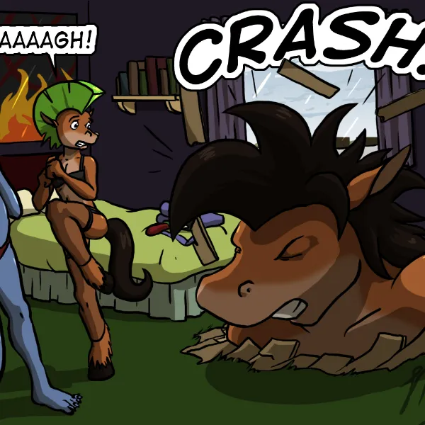Duncan suddenly comes crashing through the floor from the livingroom below, bursting up to his shoulders. Claire and Robyn cry out in surprise.
