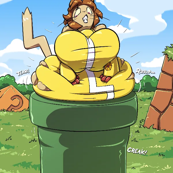 Kit from Gomeoverse is very fat and stuck in the green mario pipe. she is pressing down on her stomach, with a frustrated expression, trying to get unstuck.