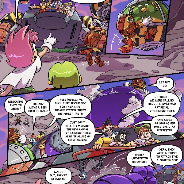 Trip attempts to free Trample while the Marxios exposit, but it's too late and the giant bird is loading into a super badnik, which attacks.