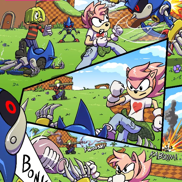 A comic page, including the title card for Hack Attack, an Amy & Tekno story. Amy and Tekno are defending the emerald hill zone from atacking Metalix. there are many of them, in the air and on the ground. Tekno stands ontop of a ruined metalix and Amy kickboxes the head clean off another.